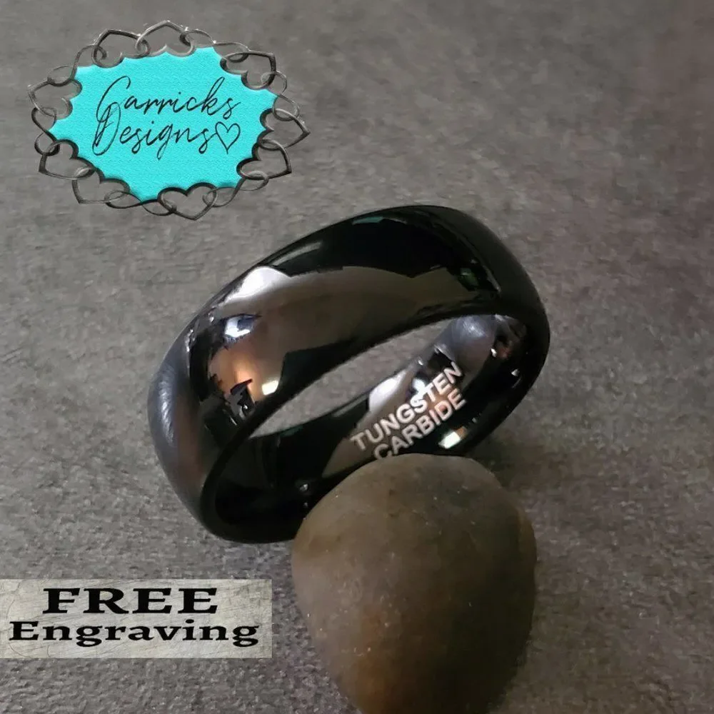Engraved Mens Real Black Tungsten Wedding Band Dome Design Durable Black Coating
